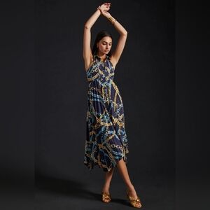 Maeve Anthropologie NWT Pleated Midi Shirt Asimetrical Dress Chain Print Navy S